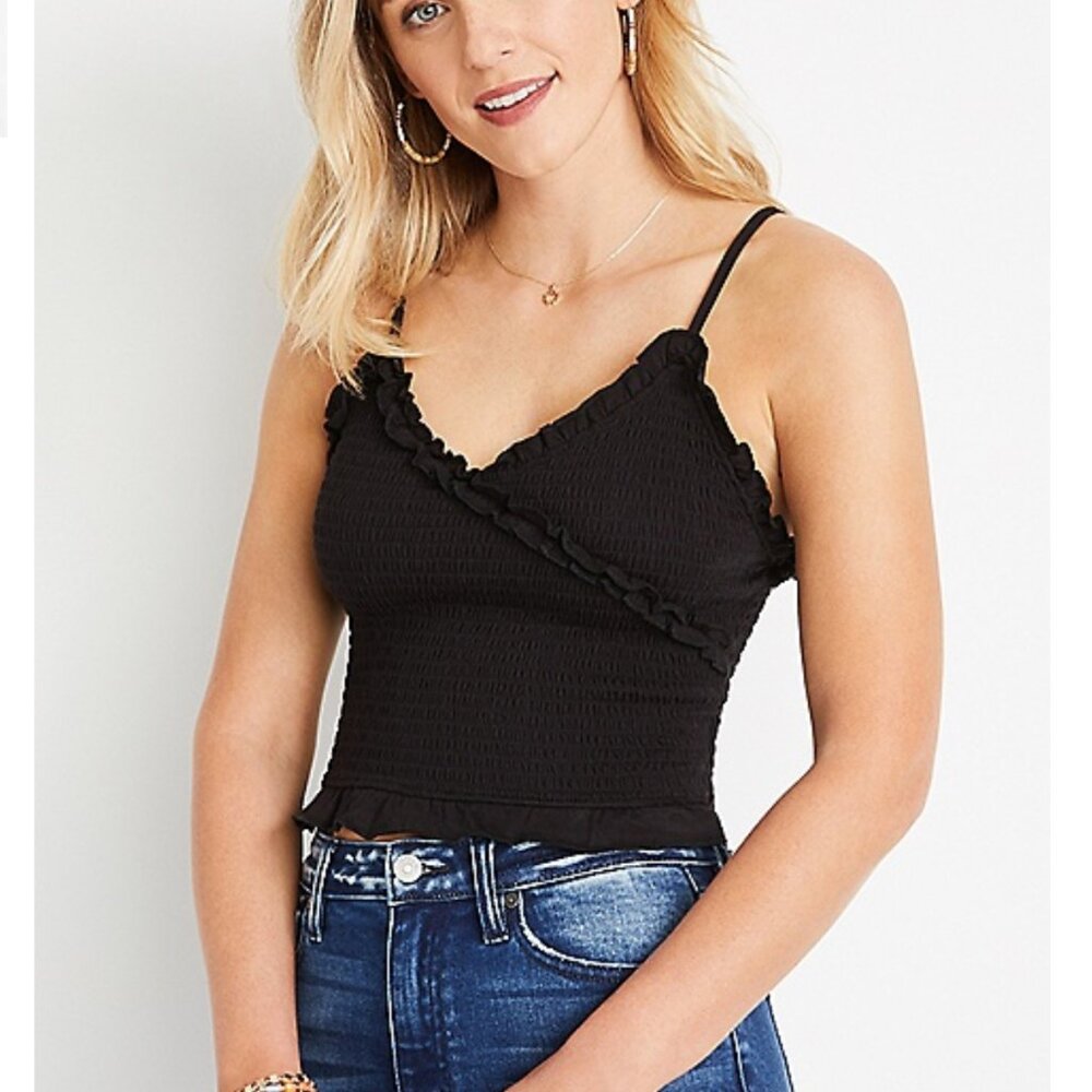 Maurices Eyeshadow Black Smocked Ruffle Trim Tank Top